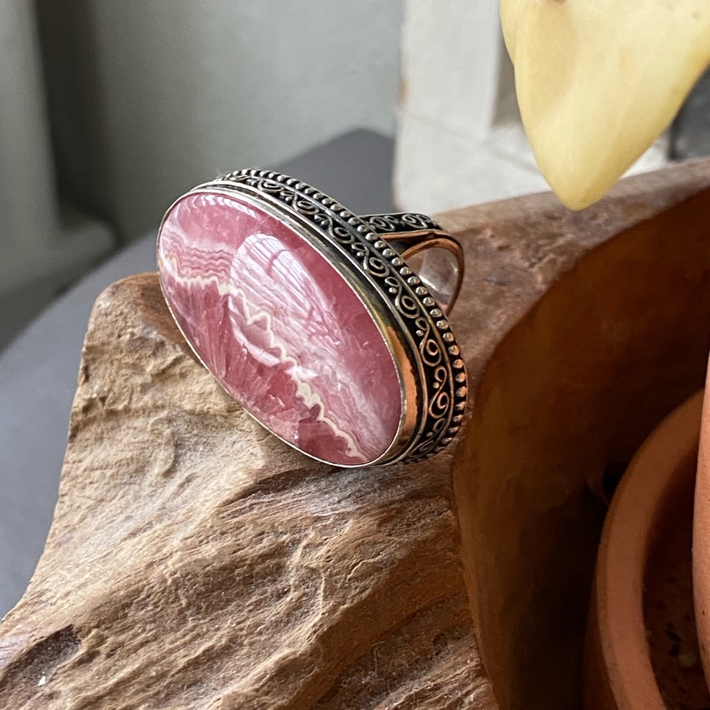Sterling Silver 925 Rhodochrosite Cocktail Ring Size 8